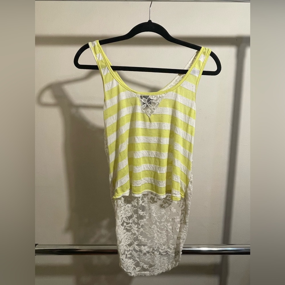 Wet Seal Yellow and White Striped Hi-Low Tank Top with Lace size Small
